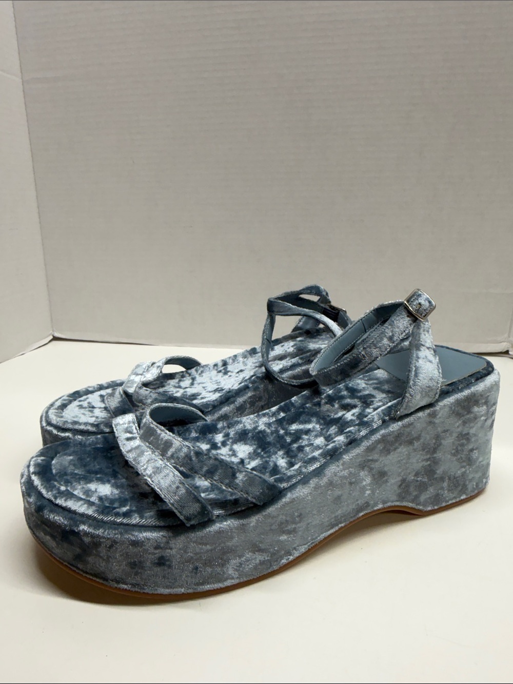 Jeffrey Campbell Activate Velvet Platform Sandals Shoes Open Toe Sky Blue 7.5